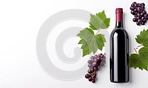 Red wine bottle on white background with ripe grapes and vine leaves. Top view.