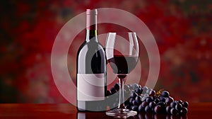 A red wine bottle with a white label mockup, a wine glass, and grapes, against a red backdrop