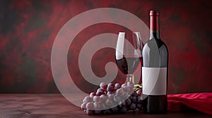 A red wine bottle, a wine glass, and a bunch of grapes arranged on a red surface with space for text, creating a simple and