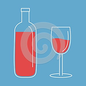 Red wine bottle with wine glass set. White contour outline icon. Minimal line flat design. Shining glossy utensils. Food and drink