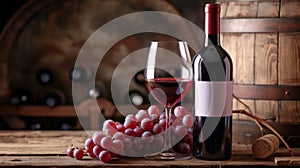A red wine bottle, a wine glass, wine barrel and grapes, creating a classic wine setup against a rustic background with copy-space