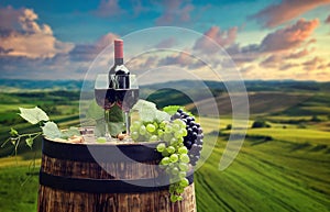 Red wine bottle and wine glass on wodden barrel