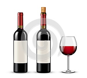 Red Wine bottles and glass on white background