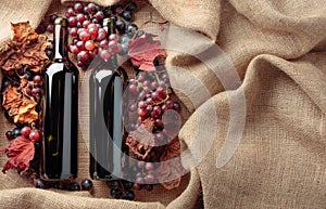 Red wine bottles and  grapes with dried up vine leaves