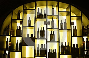 Bottles on Lighted Shelves, Red and White Wine Restaurant Business