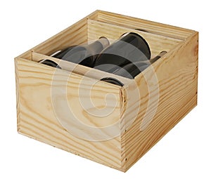 Red wine bottles packed in open wooden box isolated on white background