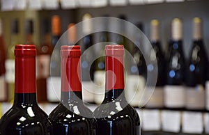 Red wine bottles in wine store