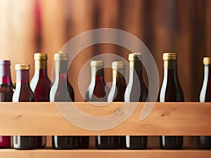 Red wine bottles on a wooden rack. Winery, bar, or store banner background.