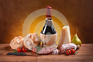 Red wine, bread, cheese and salami