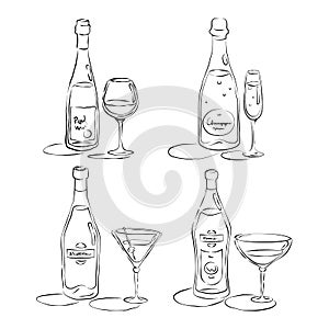 Red wine  champagne  martini  vermouth. Bottle and glass in hand drawn style. Restaurant illustration for celebration design.