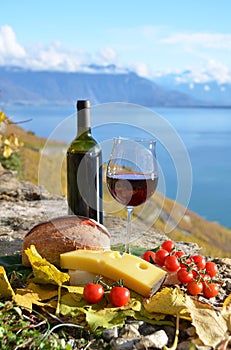 Red wine, cheese, bread and cherry tomatoes