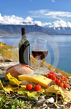 Red wine, cheese, bread and cherry tomatoes