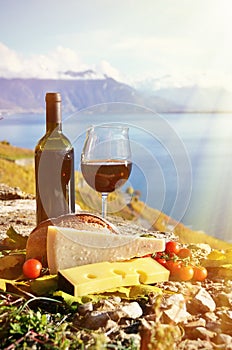 Red wine, cheese, bread and cherry tomatoes