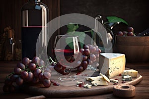 Red wine, cheese and grapes on a wooden background. Generative AI