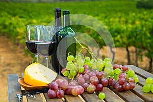 Red wine, cheese and grapes on wooden table