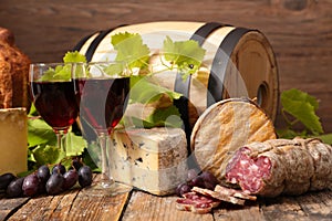 Red wine with cheese and salami