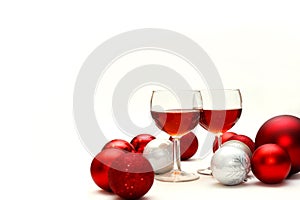 Red Wine and Christmas Decorations Isolated on White Background