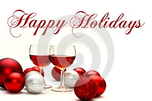 Red Wine and Christmas Decorations with Text Happy Holidays