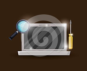 Red wine color background with brightness of laptop and magnifying glass with screwdriver tool