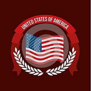 Red wine color background of colorful flag united states of america with arch of leaves and label tape