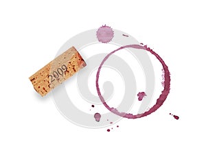Red wine cork and stain rings isolated on white