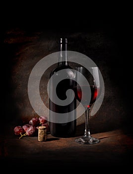 Red wine  on a dark background, in the style of Caravaggio paintings.