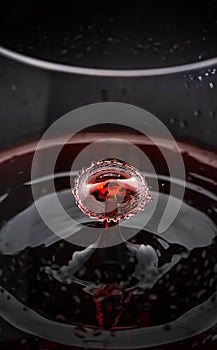 Red wine drop splashing inside glass close up