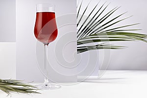 Red wine in elegant glass with summer tropical green palm leaf in sunlight with striped shadows in white abstract interior.
