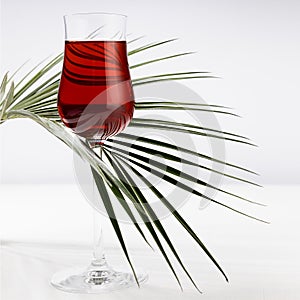 Red wine in exquisite glass in sunlight with striped curved green palm leaf with shadows in soft light white abstract interior.