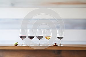 a red wine flight with assorted varietals in a row