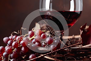 Red wine and fresh grapes with dried up vine leaves