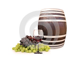 Red Wine Glass Barrel Grapes on white background
