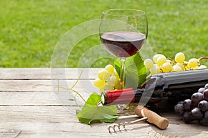 Red wine glass and bottle with bunch of grapes