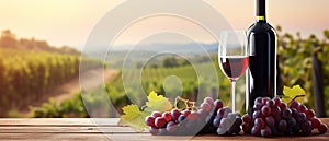 Red wine glass, bottle and fresh red grapes on wooden table