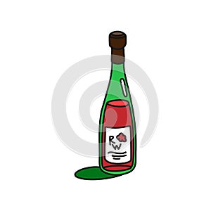 Red wine glass bottle outline icon on white background. Colored cartoon sketch graphic design. Doodle style. Hand drawn image.