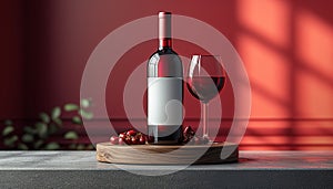 Red wine in a glass and bottle of wine with mock up label on table