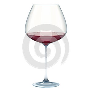 Red wine glass cup, 3D realistic transparent goblet with alcohol drink