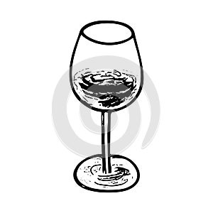 Red wine glass doodle hand drawn sketch, beverage goblet. Alcohol drink image. Isolated. Vector illustration