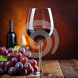 Red Wine Glass With Grapes and a Bottle of Wine on a Wooden Table in Warm Light