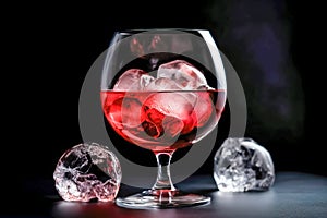 red wine in glass with ice cubes on black background, close up. Generative AI