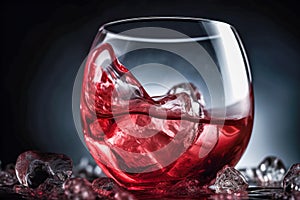 red wine in glass with ice cubes on black background, close up. Generative AI