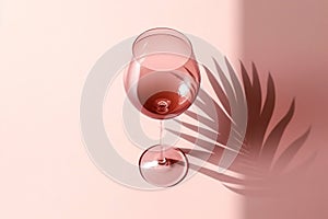 Red wine glass pink color glass on beige background with palm leaf shadow, glare at sun. Summer rest concept. Dry wine