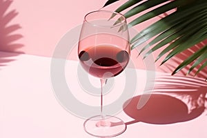 Red wine glass pink color glass on beige background with palm leaf shadow, glare at sun. Summer rest concept. Dry wine