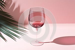 Red wine glass pink color glass on beige background with palm leaf shadow, glare at sun. Summer rest concept. Dry wine