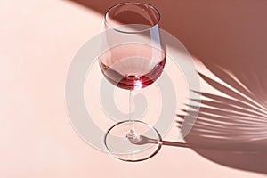 Red wine glass pink color glass on beige background with palm leaf shadow, glare at sun. Summer rest concept. Dry wine