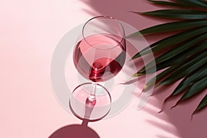 Red wine glass pink color glass on beige background with palm leaf shadow, glare at sun. Summer rest concept. Dry wine