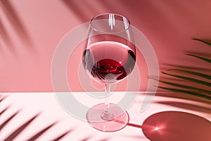 Red wine glass pink color glass on beige background with palm leaf shadow, glare at sun. Summer rest concept. Dry wine