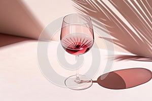 Red wine glass pink color glass on beige background with palm leaf shadow, glare at sun. Summer rest concept. Dry wine