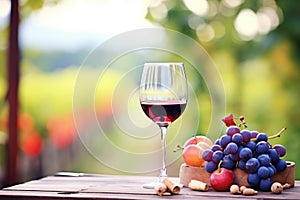 red wine glass with purple grapes on a vineyard background