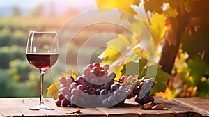 Red wine in glass and ripe grapes on wooden table in vineyard.